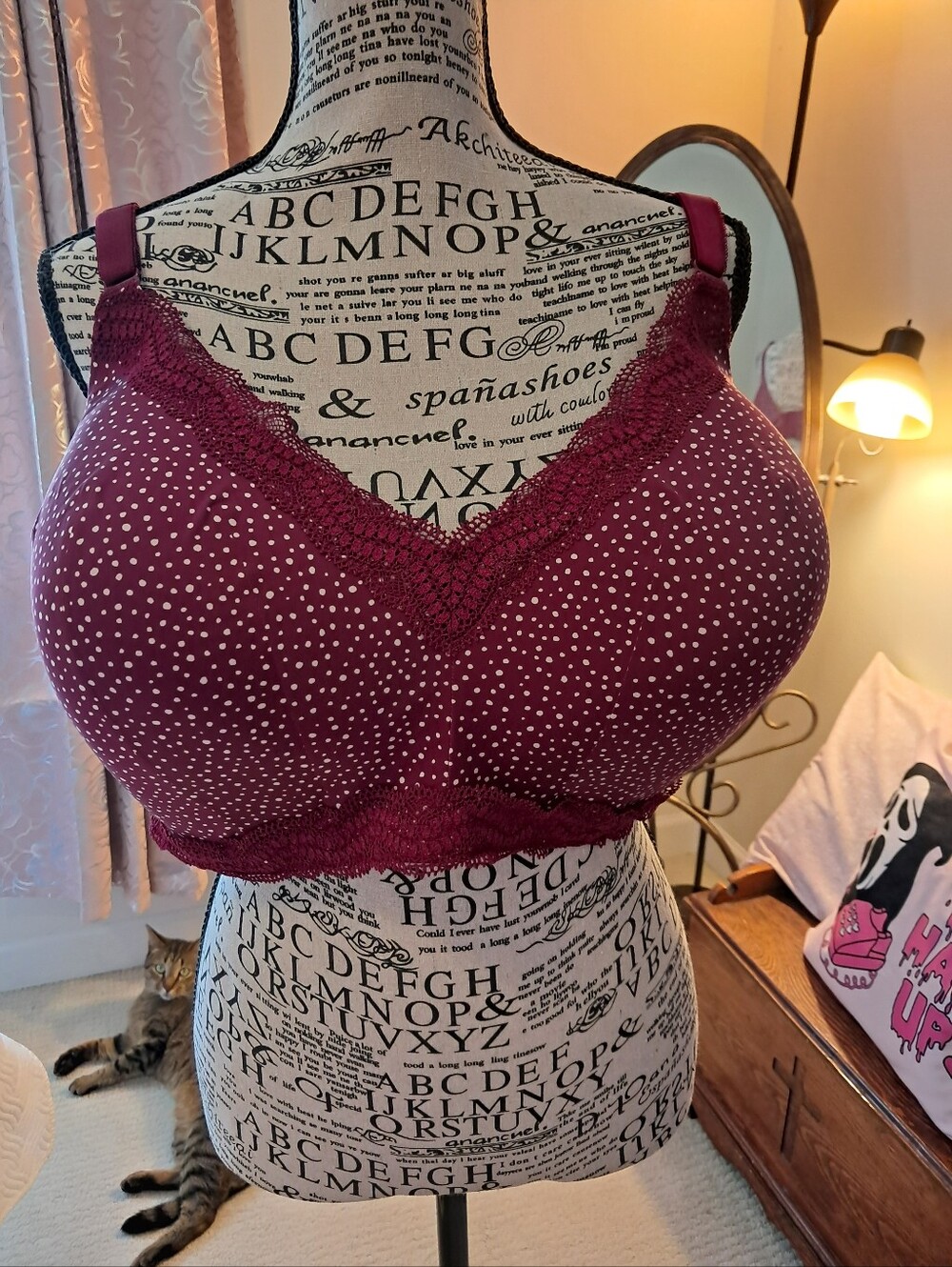 Tortid Burgundy Polka Dot Lace Trim Bralette 46dd